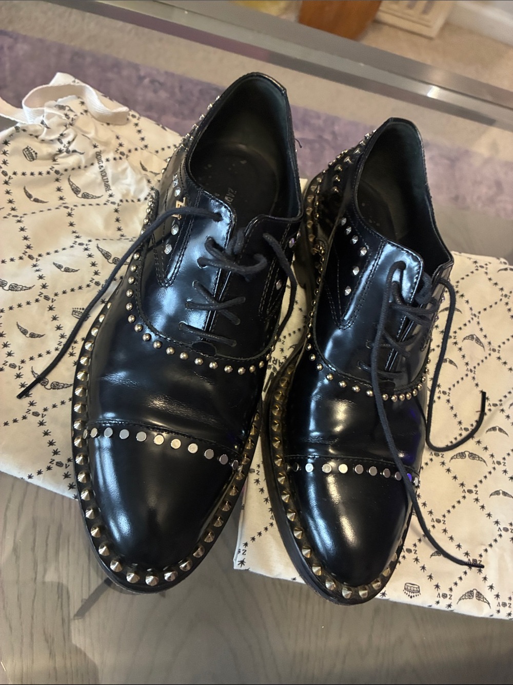 Zadig & Voltaire Black Stud Trim Leather Oxfords